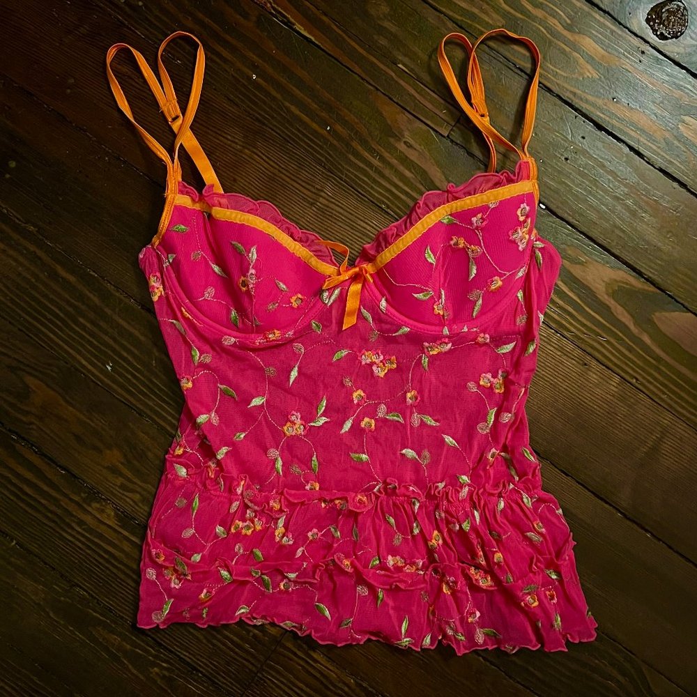 Victoria's Secret Vintage Y2K Floral Embroidered Pink Babydoll Mesh Cami Bra